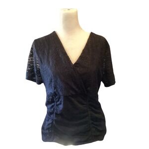 A.U.W. Womens Black Lace Boning Ruched V-Neck Top Size L Romantic Witchy Goth